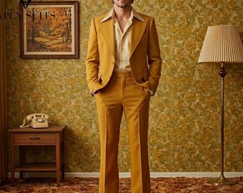 Costume deux pièces jaune moutarde rétro pour homme - Costumes avec pantalon large évasé vintage des années 1970