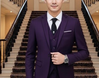 パープルスーツメンズ：スリムフィットスリーピースウェディングスーツ