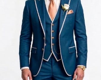 Männer Teal Blue 3-teiliger Smoking Anzug mit weißen Akzenten | Maßgeschneiderte Hochzeits-Outfit-Anzüge