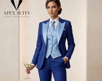 Women's Royal Blue 3-Piece Formal Suit with Sky Blue Peak Lapel Wedding Suits