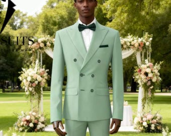 Men Suit Sage Green 2 Piece Double Breasted Slim Fit Tailored Elegant Dinner Suits