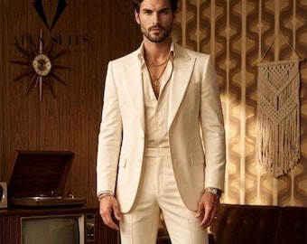 Vintage 70s off White Men’s 2 Piece Suit | 1970s Retro Fashion Tailored Suit | Flared Pants | Custom Made Suit |