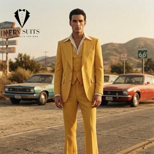 May include: A three-piece yellow suit with a matching jacket, vest, and trousers. The suit is worn with a white collared shirt. The image includes vintage cars and a road sign. The logo "IMPERX SUITS" is visible in the upper left corner.