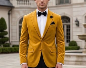 Abito da uomo color senape a due pezzi, vestibilità slim / Abiti eleganti in velluto per testimoni di nozze e cena di matrimonio.