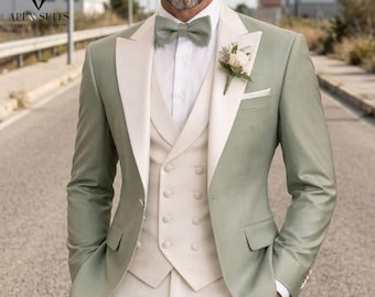 Męski garnitur designerski w kolorze ecru i szałwiowej zieleni: 3-częściowy elegancki garnitur ślubny