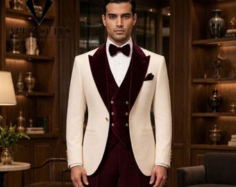 Costume de smoking 3 pièces en velours pour homme Apex Suits : veste ivoire et pantalon bordeaux