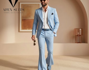 Men Disco Retro Sky Blue Suit with Bell Bottom Trousers | 70s Vintage Style Dinner Suits