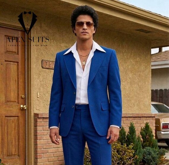 Men Royal Blue 1970s Style Suit | Formal Tailored Fit Retro Disco Wide Flared Pant Suits
