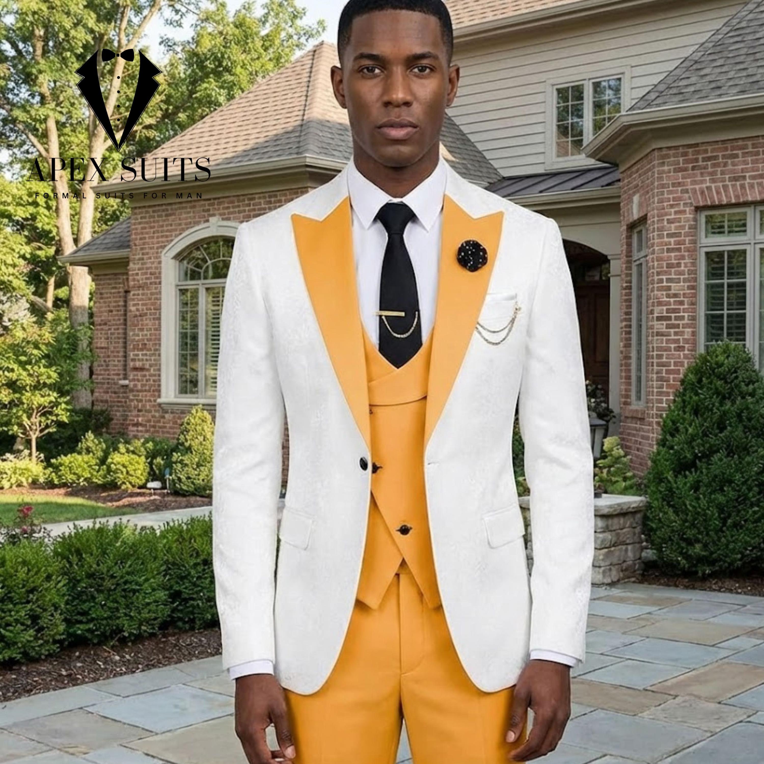 white suit with yellow tie