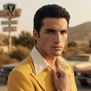 May include: A man wearing a yellow blazer with a cream-colored collar. The blazer is part of a formal suit. The image includes the text "APEX SUITS FORMAL SUITS FOR MAN". The background features vintage cars and a desert landscape.