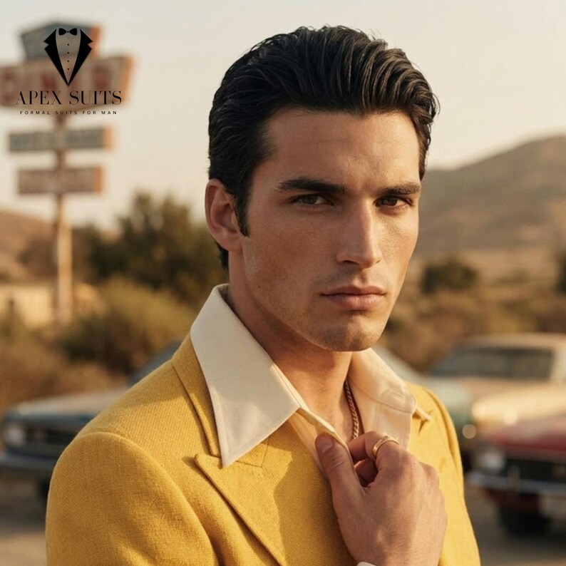 May include: A man wearing a yellow blazer with a cream-colored collar. The blazer is part of a formal suit. The image includes the text "APEX SUITS FORMAL SUITS FOR MAN". The background features vintage cars and a desert landscape.