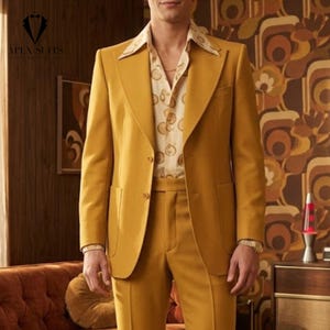 Apex Suit Vintage 70s Flared Men's Suit: Yellow Classy Wide Lapel Handmade Suit