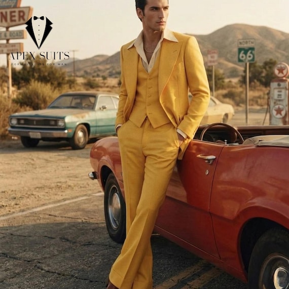Mustard Yellow 70s Men’s 3 Piece Suit | Vintage Inspired Retro Suit | Flared Pants | Wedding Groom Suit | Custom Mens Suit