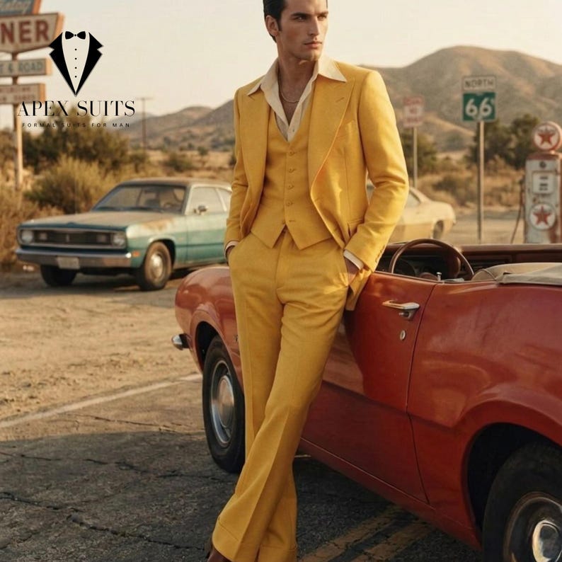 Mustard Yellow 70s Men’s 3 Piece Suit | Vintage Inspired Retro Suit | Flared Pants | Wedding Groom Suit | Custom Mens Suit image 1