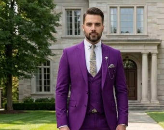 結婚式やパーティーに最適な、メンズ用パープルスリムフィット3ピース