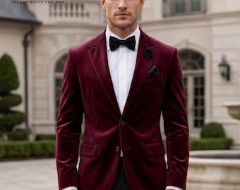 Men Tuxedo Suit Maroon Velvet 2 Piece Slim Fit | Wedding Groomsmen Dinner Suits