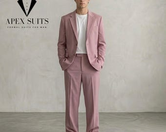 Men Dusty Rose Pink Relaxed Fit Summer Suit for Men, Formal Beach Wedding Wear