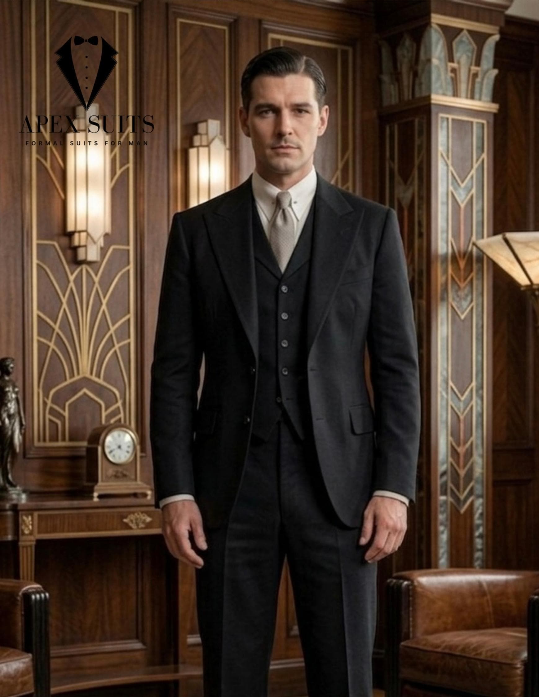 Black Linen Suit 3 Piece Formal Wear 1930s Vintage Style Inspired Suits