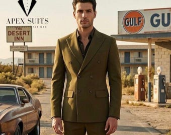 Men's Olive Green 2 Piece Wide Leg Pant Suit Retro Disco 1970s Suits