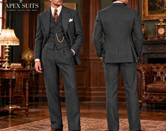 Abito da uomo a tre pezzi in tweed grigio antracite a spina di pesce, stile anni '30 – Abito da sposo vintage in tweed, abito da gentiluomo d'altri tempi