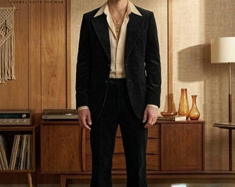 Traje de discoteca de terciopelo negro para hombre / Conjunto formal acampanado estilo años 70