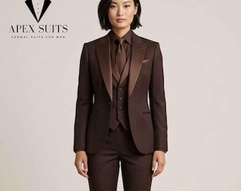 Men's Chocolate Brown 3-Piece Tuxedo: Classic Peak Lapel Formal Wedding Office Suits