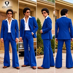 May include: A vibrant royal blue suit featuring a single-breasted blazer with notched lapels and matching high-waisted trousers with a distinct flared leg cut. The suit is paired with a crisp white collared shirt and brown leather shoes.