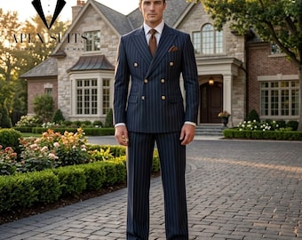 Traje de raya diplomática azul marino para hombre / Traje cruzado estilo años 20 / Traje formal a medida para graduación, boda o negocios.