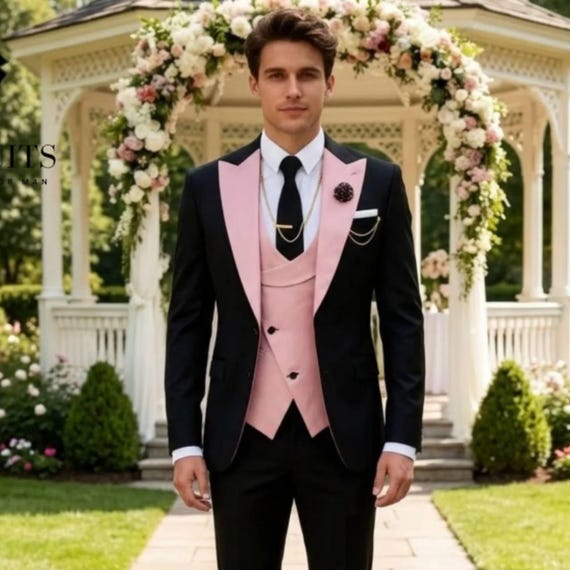 pink dress shirt with black suit Guys in A Black Suit and A Pastel Pink Bow Tie