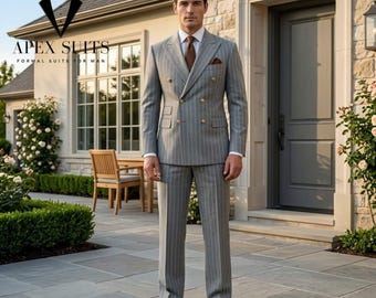 Men Stripe Suit | Light Grey 2 Piece Office Suit | Retro Disco Vintage Inspired 70s Dinner Suits