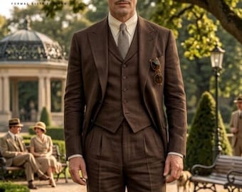 Mörkbrun 3-delad linnekostym för män i 1920-talsstil, formell sommarkostym i linne