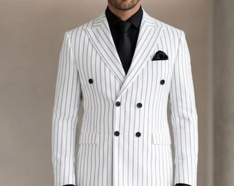 Men Stripe Suit 2 Piece Double Breasted Style Office Wear White 2 Dinner Suits