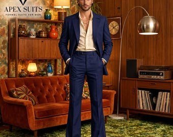 Apex Suit Vintage 70s Flared Men's Suit: Navy Blue Classy Wide Lapel Suit