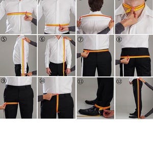 May include: A series of twelve images demonstrating how to measure a person for clothing. The images show measurements being taken around the chest, waist, shoulders, neck, sleeve, and inseam using a yellow measuring tape.