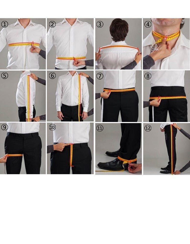 May include: A series of twelve images demonstrating how to measure a person for clothing. The images show measurements being taken around the chest, waist, shoulders, neck, sleeve, and inseam using a yellow measuring tape.