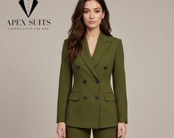Olive Green Women’s 2 Piece Double Breasted Suit | Blazer & Pants | Custom Tailored Formal Outfit