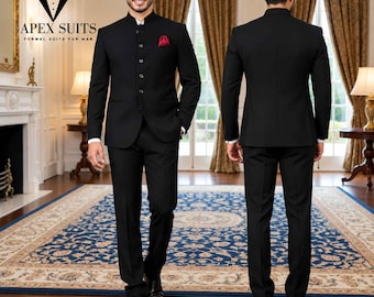 May include: A black suit featuring a band collar jacket with five buttons and a red pocket square, paired with matching trousers. The Apex Suits logo is visible in the top left corner. The suit is shown from both the front and back perspectives.