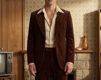Traje retro de hombre de 2 piezas, terciopelo marrón oscuro, estilo disco/años 70, formal, de corte amplio.