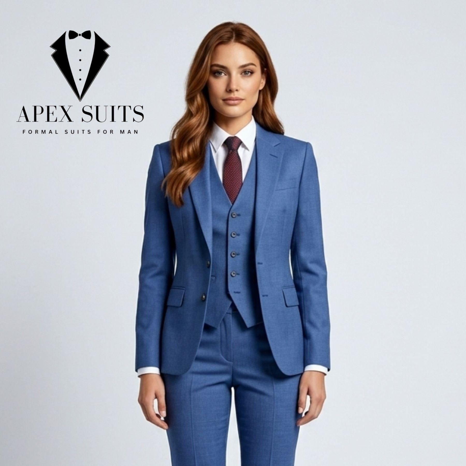 Women's Tailored 3-Piece Blue Suit Formal Business Blazer, Vest, and Pants Set Suit