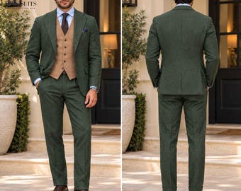 Traje de tres piezas de tweed verde para hombre con chaleco color canela – Traje clásico formal para bodas y trajes de invierno