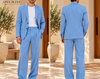 Costume deux pièces bleu clair pour homme – Ensemble blazer et pantalon formel moderne, idéal pour les mariages et les cérémonies.