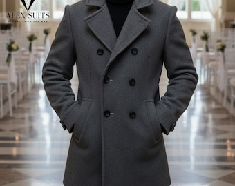 Gabardina larga cruzada gris para hombre: chaqueta de lana de invierno