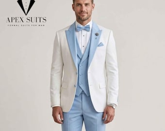 Weißer und hellblauer 3-teiliger Herren-Smoking | Hochzeitsanzug mit spitzem Revers