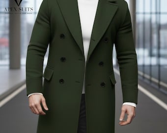 メンズ グリーンウール トレンチコート：ダブルブレスト スリム