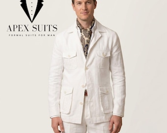 Men White Linen Safari Jacket | Vintage Inspired 4 Pocket Summer Suit | Retro Formal Linen Suits