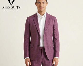 Traje de lino para hombre - Granate, 2 piezas - Corte ajustado, ideal para fiestas, bodas de verano.
