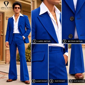 May include: A vibrant royal blue suit featuring a jacket with wide lapels and two black buttons, paired with matching flared trousers. The set includes a white collared shirt. Details show the lapel, button, pocket, and pant hem.
