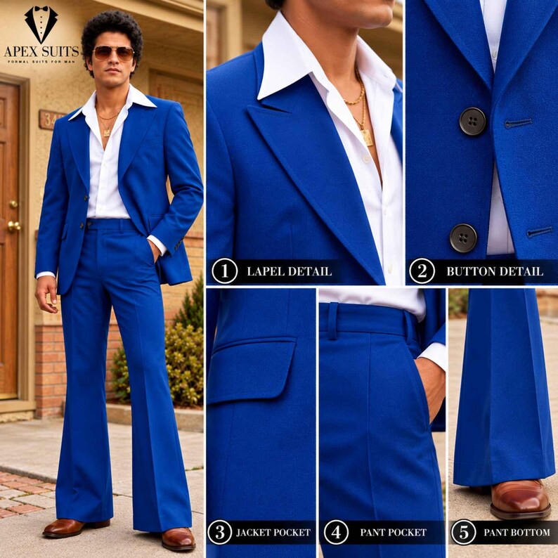 May include: A vibrant royal blue suit featuring a jacket with wide lapels and two black buttons, paired with matching flared trousers. The set includes a white collared shirt. Details show the lapel, button, pocket, and pant hem.