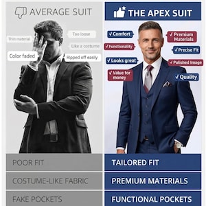 May include: A side-by-side comparison of suits. The left side shows an average suit with issues like poor fit and thin material. The right side highlights the Apex suit, emphasizing tailored fit, premium materials, and shape retention. Text reads "APEX SUITS, TRUSTED BY PROFESSIONALS."