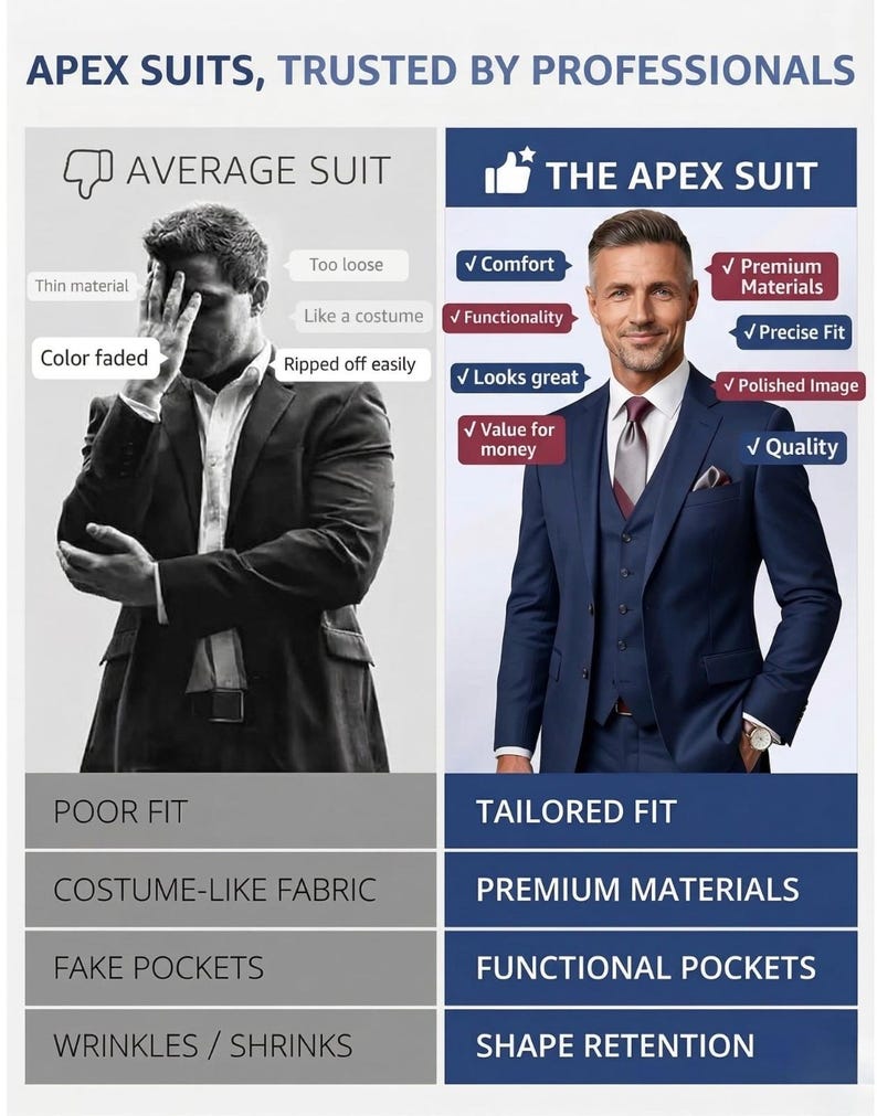 May include: A side-by-side comparison of suits. The left side shows an average suit with issues like poor fit and thin material. The right side highlights the Apex suit, emphasizing tailored fit, premium materials, and shape retention. Text reads "APEX SUITS, TRUSTED BY PROFESSIONALS."